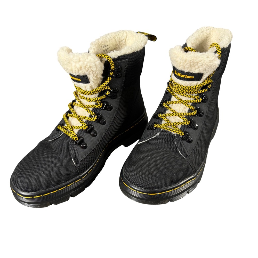 Dr. Martens Combs W FL Black Faux Fur Lined Canvas Lace Up Boots Women 8 39